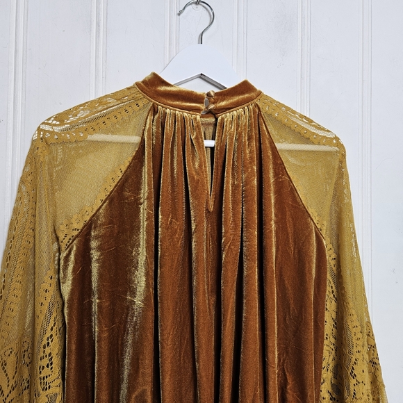 Free People Dream Team Gold Velvet Lace Top Mock Neck Balloon Sleeve S Boho - Picture 10 of 15